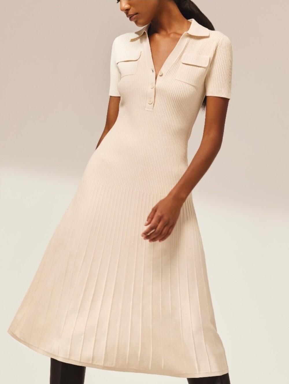 Club Monaco Ribbed Polo Midi Dress in Cream